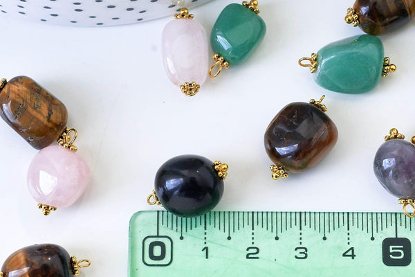 Pendentif connecteur aventurine améthyste quartz agate oeil du tigre zamac doré 21mm,pendentif pierre naturelle, x1 (G5659)