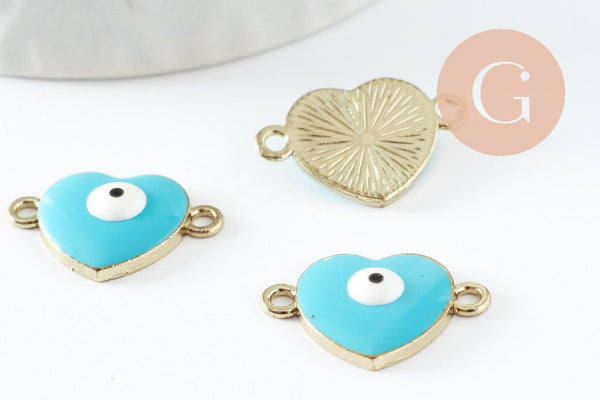 Pendentif connecteur coeur oeil protecteur émail laiton doré 18K,pendentif laiton amour pour création bijoux,20.5mm, x2 (G4295)