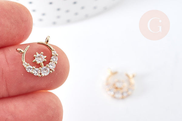 Pendentif connecteur croissant lune laiton doré zircons blancs 12mm,creation bijoux Lune, x1 (G8437)