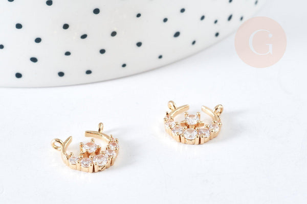 Pendentif connecteur croissant lune laiton doré zircons blancs 12mm,creation bijoux Lune, x1 (G8437)