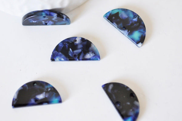 Pendentif connecteur demi-cercle bleu nuit, perle acétate,connecteur plastique , 2.3cm, x2 ou x10, G0458
