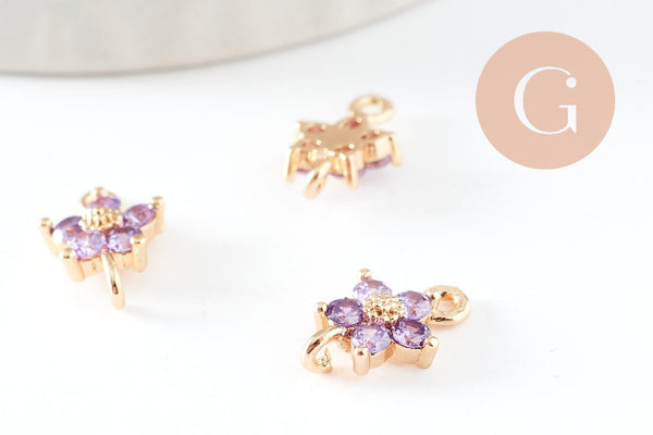Pendentif connecteur fleur doré 24 carats zircon violet,pendentif doré cristal, 12.5mm, x1 (G4035)