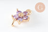 Pendentif connecteur fleur doré 24 carats zircon violet,pendentif doré cristal, 12.5mm, x1 (G4035)