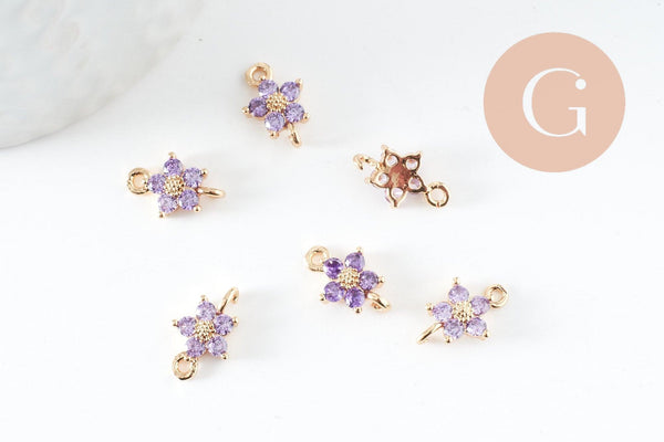 Pendentif connecteur fleur doré 24 carats zircon violet,pendentif doré cristal, 12.5mm, x1 (G4035)