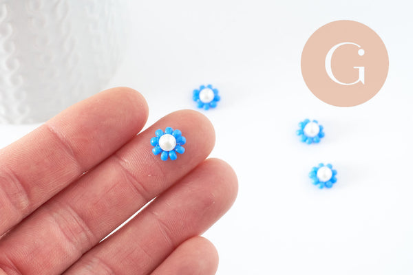 Pendentif connecteur fleur rocaille verre bleu,pendentif verre pour création bijoux, 10mm,x5 (G4025)