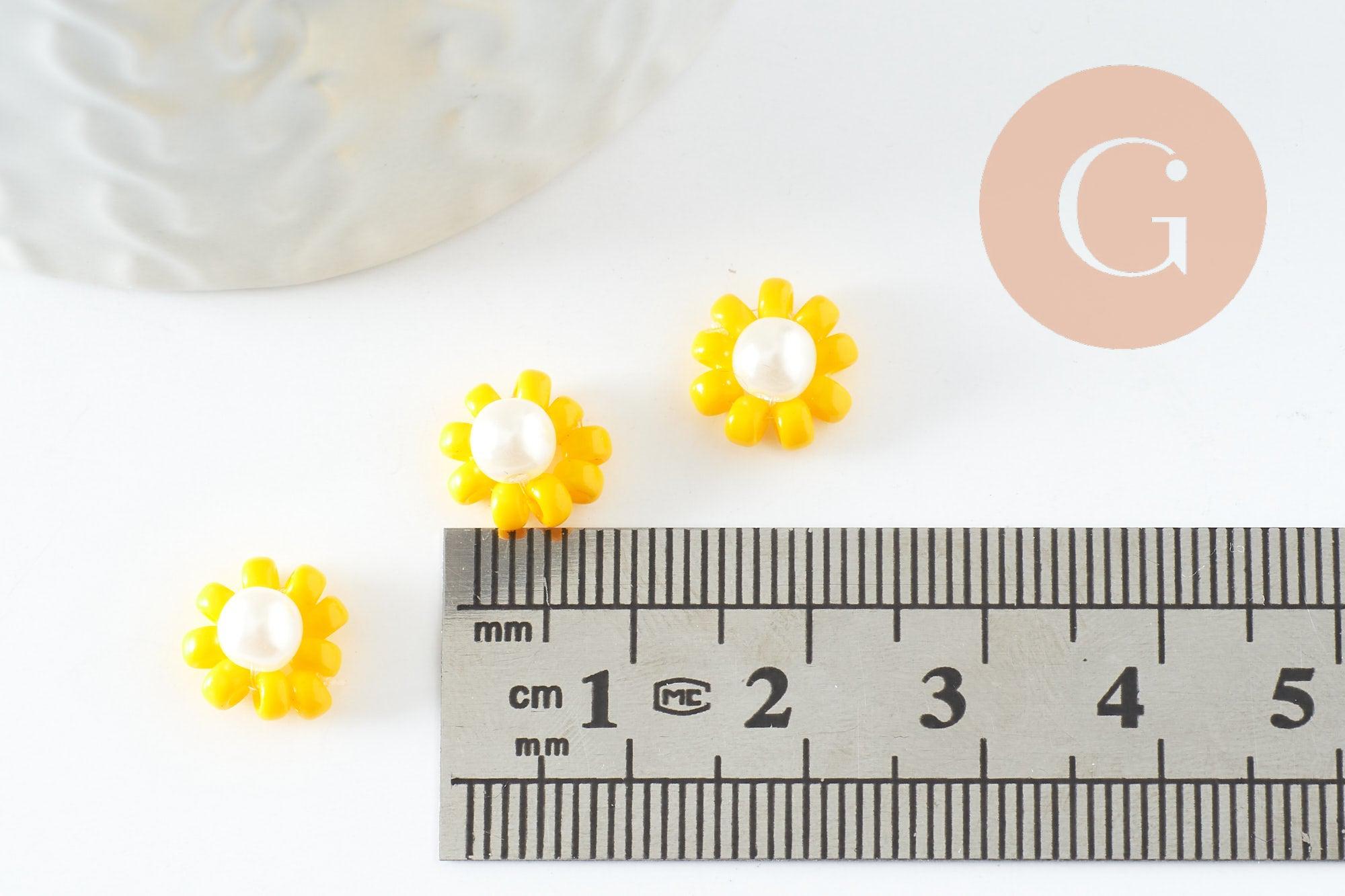 Pendentif connecteur fleur rocaille verre jaune,pendentif verre pour création bijoux, 10mm, x5 G4026