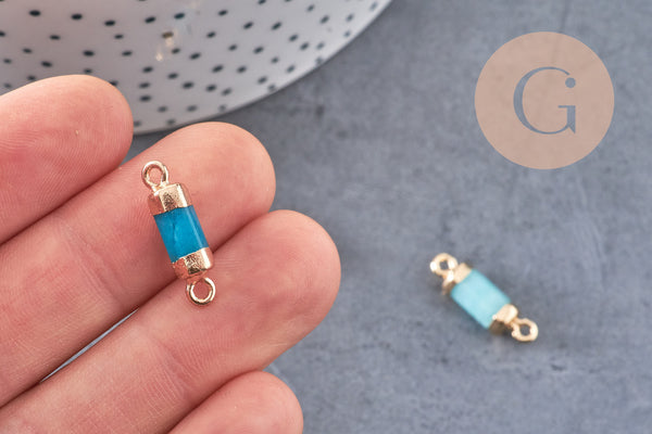 Pendentif connecteur jade bleu tube fer doré 20mm, pendentif bijoux pierre, x1 (G1031)