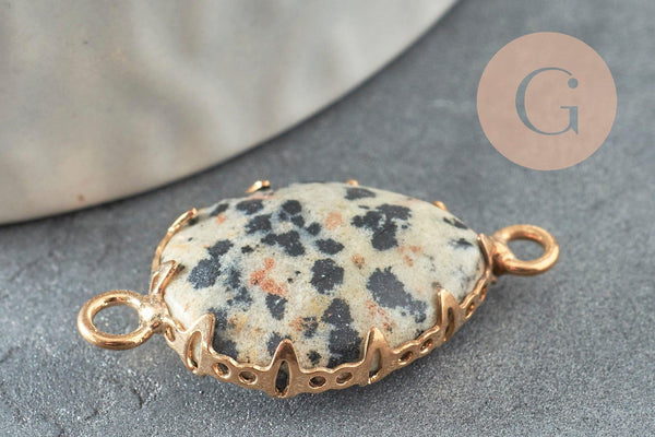 Pendentif connecteur jaspe dalmatien naturel laiton doré 27mm, x1 (G3795)