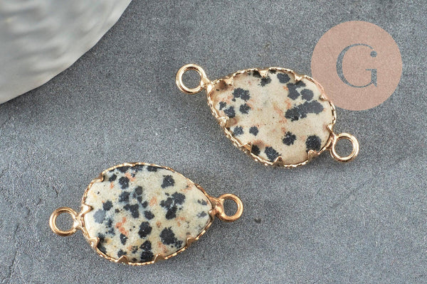 Pendentif connecteur jaspe dalmatien naturel laiton doré 27mm, x1 (G3795)