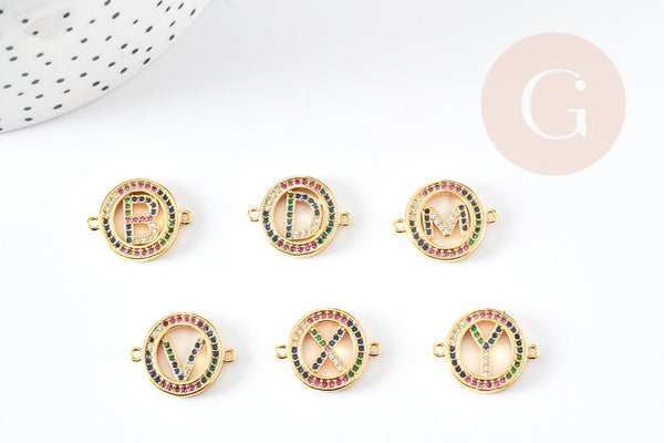 Pendentif connecteur lettre cristal coloré laiton doré 20mm, x1 (G4230)