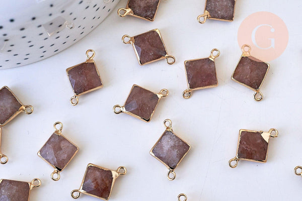 Pendentif connecteur losange quartz fraise naturel fer doré 22mm, x1 (G5589)