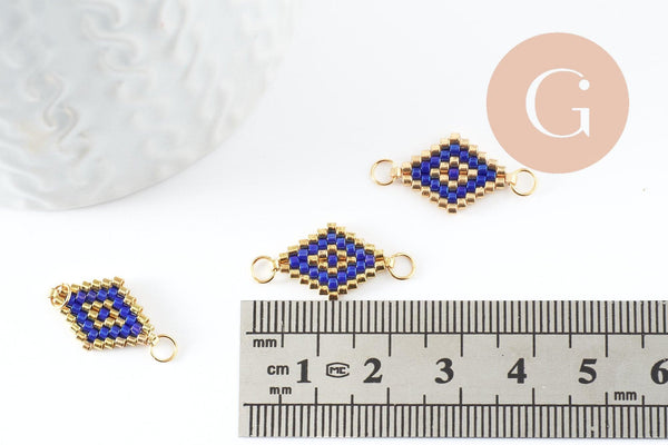 Pendentif connecteur losange rocaille MIYUKI TOHO bleu or,pendentif verre pour création bijoux, 18x12mm,x1 G4028