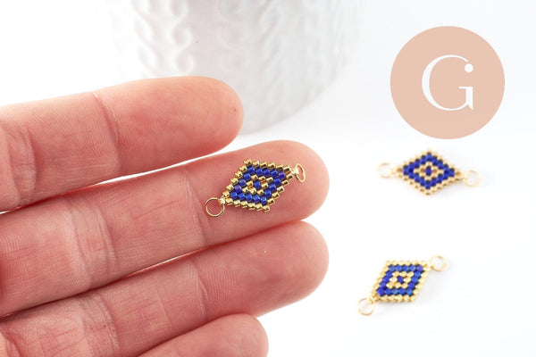 Pendentif connecteur losange rocaille MIYUKI TOHO bleu or,pendentif verre pour création bijoux, 18x12mm,x1 G4028