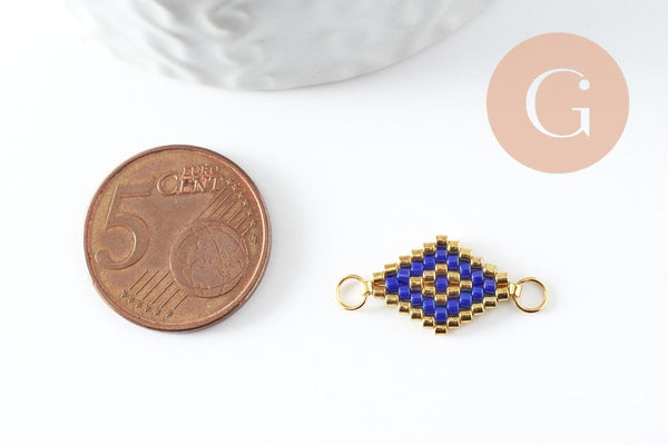 Pendentif connecteur losange rocaille MIYUKI TOHO bleu or,pendentif verre pour création bijoux, 18x12mm,x1 G4028