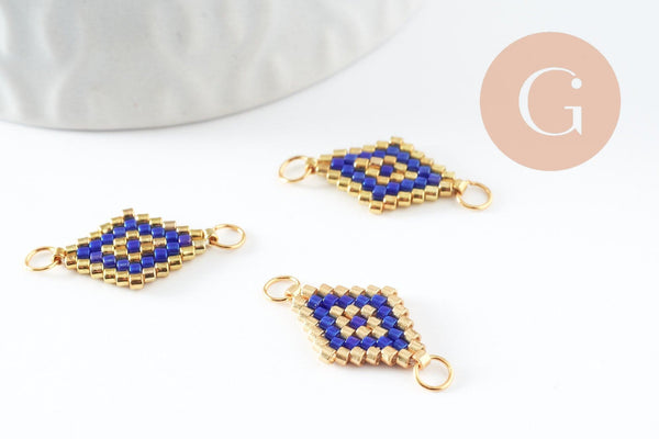 Pendentif connecteur losange rocaille MIYUKI TOHO bleu or,pendentif verre pour création bijoux, 18x12mm,x1 G4028