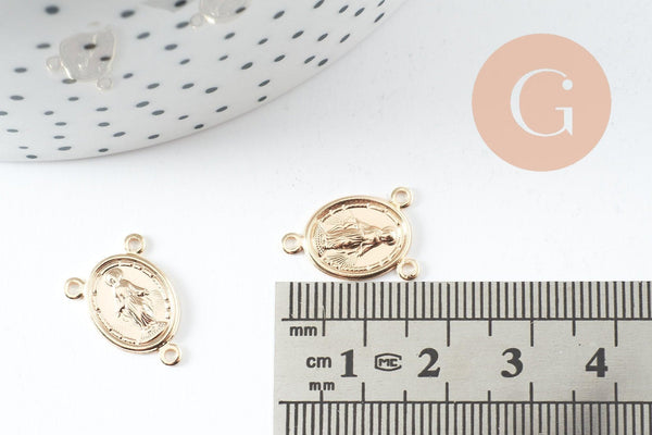 Pendentif connecteur médaille ovale Vierge Marie or 18K 17mm, pendentif 3 anneaux notre dame madonne, x5 (G10042)