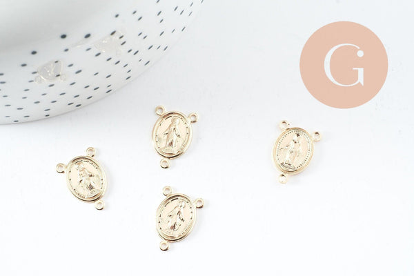 Pendentif connecteur médaille ovale Vierge Marie or 18K 17mm, pendentif 3 anneaux notre dame madonne, x5 (G10042)