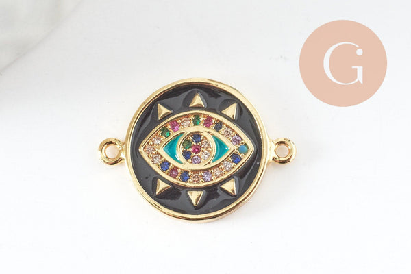 Pendentif connecteur oeil cristal zircon émail coloré,pendentif en laiton doré porte-bonheur contre mauvais oeil 20mm, x1 (G3575)