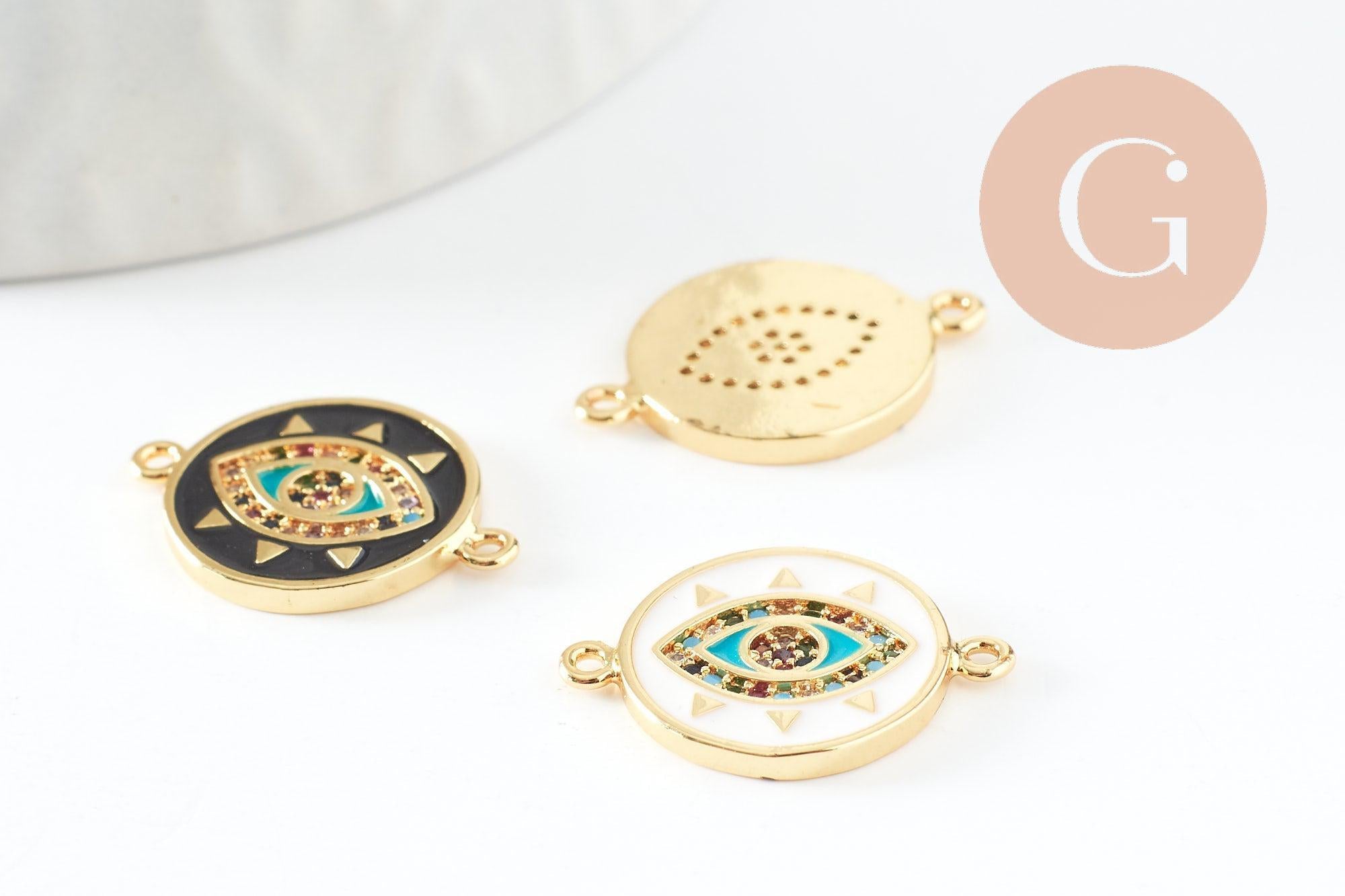 Pendentif connecteur oeil cristal zircon émail coloré,pendentif en laiton doré porte-bonheur contre mauvais oeil 20mm, x1 (G3575)