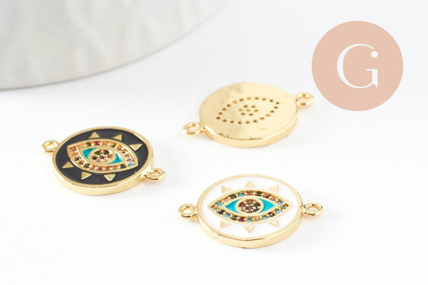 Pendentif connecteur oeil cristal zircon émail coloré,pendentif en laiton doré porte-bonheur contre mauvais oeil 20mm, x1 (G3575)