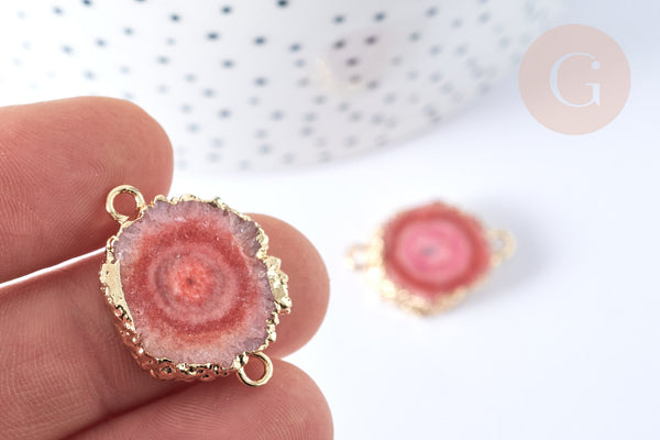 Pendentif connecteur plat rond quartz teinté rose laiton doré 24,5-33mm, pierre, x1 (G8042)