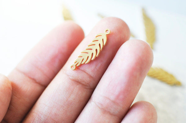 Pendentif connecteur plume acier 201 doré inoxydable, création bijou doré, 22mm, x1 (G4833)