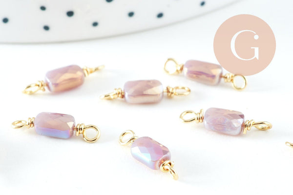 Pendentif connecteur rectangle verre facetté violet bleu irisé laiton doré 15.5mm, x5 (G10730)