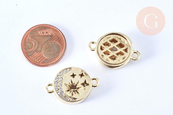 Pendentif connecteur rond étoiles laiton doré 18K zircon 24.5mm,pendentif doré avec cristaux pour création bijoux, x1 (G6646)