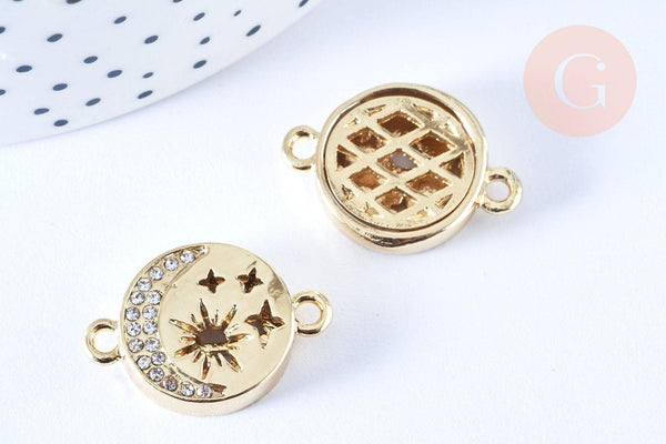 Pendentif connecteur rond étoiles laiton doré 18K zircon 24.5mm,pendentif doré avec cristaux pour création bijoux, x1 (G6646)