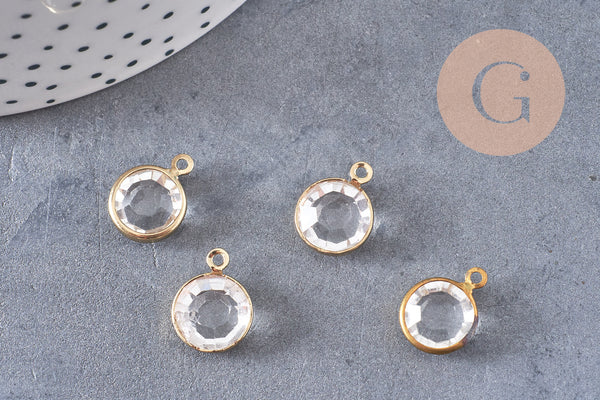 Pendentif connecteur rond laiton brut Cristal transparent,création bijou cristal et or,15mm, x1 G4408