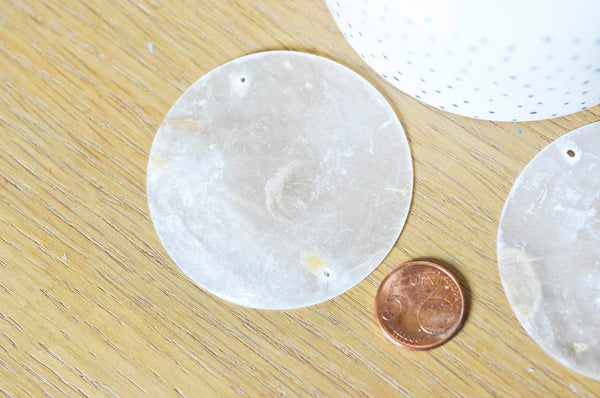 Pendentif connecteur rond nacre blanche 2 trous, pendentif coquillage blanc naturel,création bijoux, 65mm,x 5 G3770