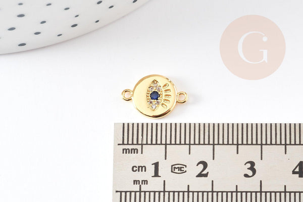 Pendentif connecteur rond oeil laiton doré 18K zircons,pendentif en laiton doré porte-bonheur contre mauvais oeil 10mm, x1 G4743