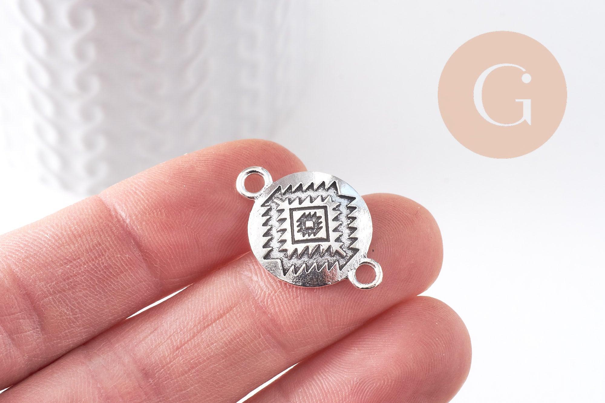 Pendentif connecteur rond zamac platine motif amérindien 26mm, x2 (G10417)