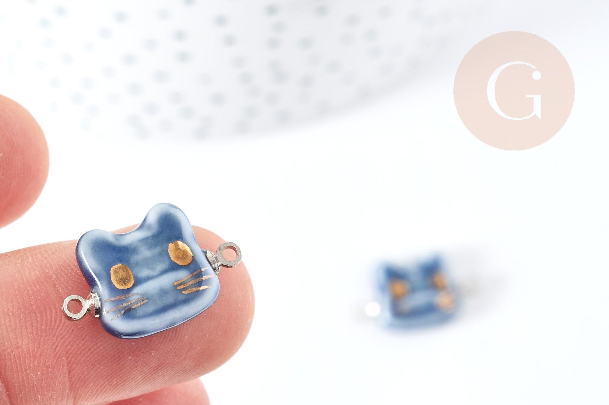 Pendentif connecteur tête de chat porcelaine bleu doré laiton platine 20mm, pendentif pour fabrication bijoux, x1 (G8496)