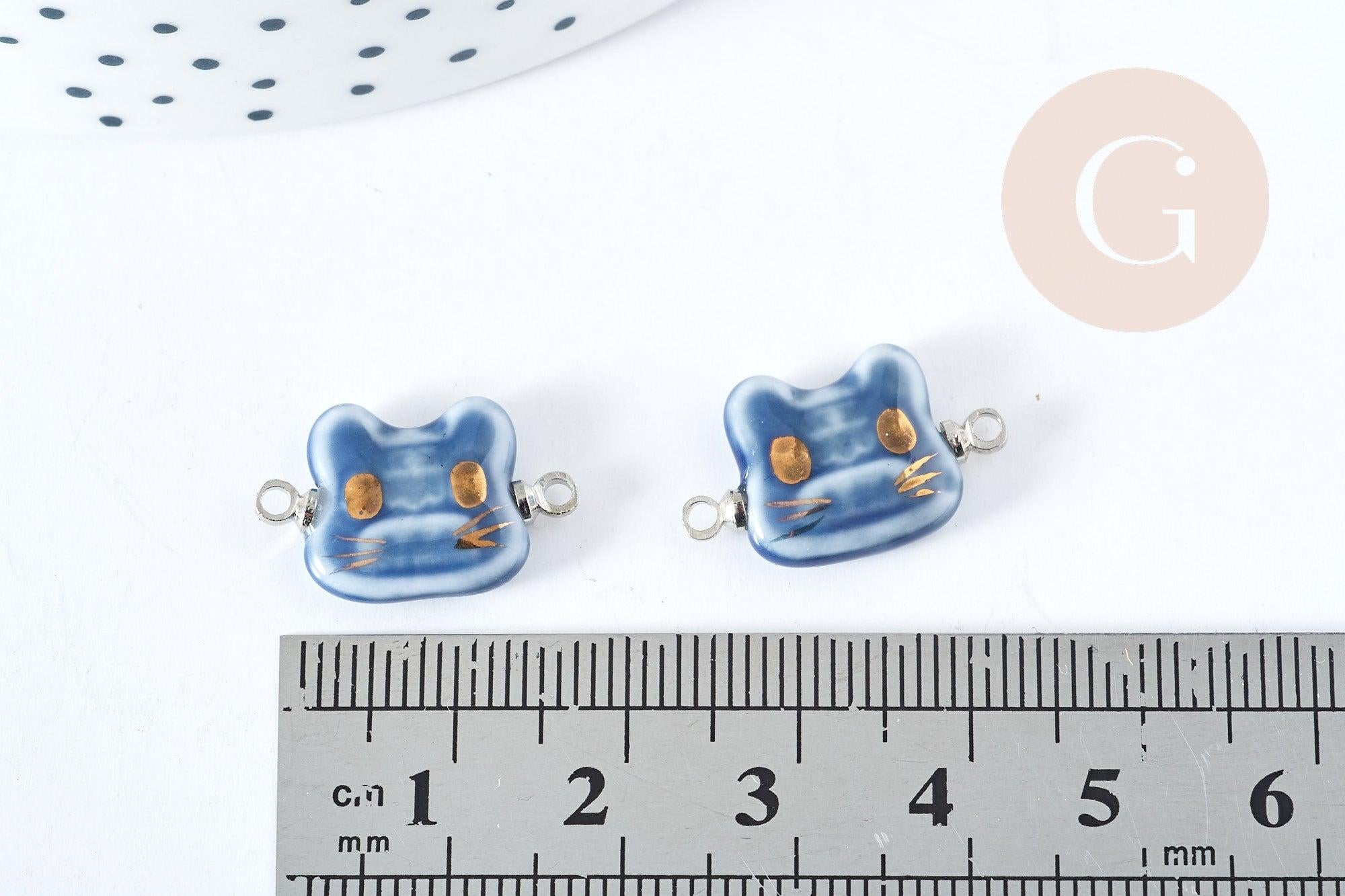 Pendentif connecteur tête de chat porcelaine bleu doré laiton platine 20mm, pendentif pour fabrication bijoux, x1 (G8496)