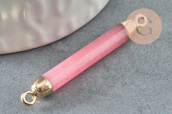 Pendentif connecteur tube jade naturel rose fer doré 45mm,création bijoux pierre naturelle, x1 G3990