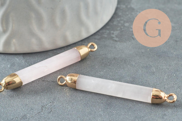 Pendentif connecteur tube quartz rose naturel fer doré 45mm,création bijoux pierre naturelle, x1 G3389