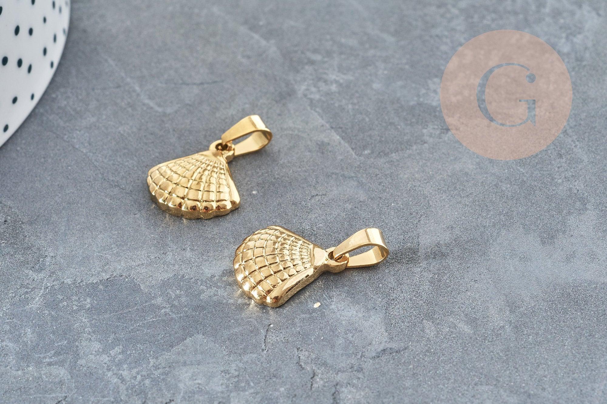 Pendentif coquillage acier 304 doré inoxydable 17.3mm, Pendentif création bijoux sans nickel x1 (G6010)