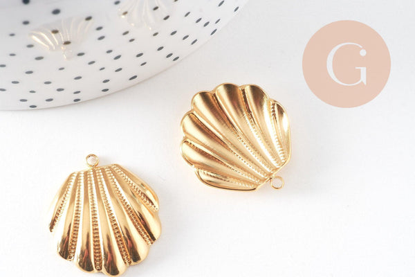 Pendentif coquillage acier IP inoxydable doré 18K 26.5mm, x1 (G10806)