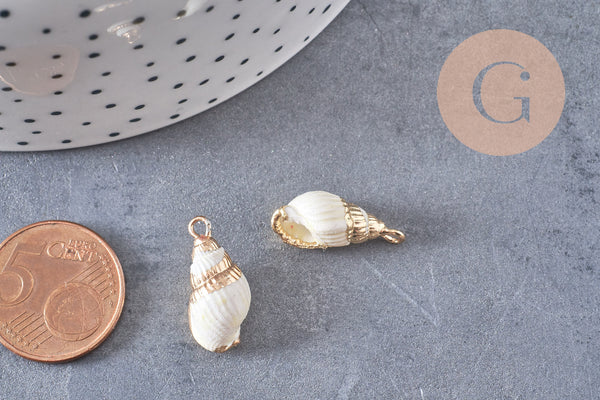 Pendentif coquillage blanc spirale fer doré 20mm, x2 (G0706)