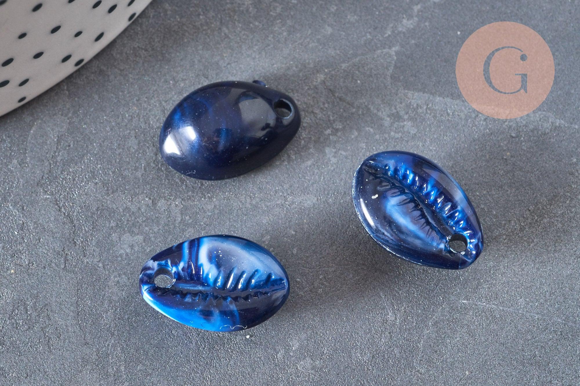 Pendentif coquillage cauri acrylique bleu marbré 19mm, x10 (G1280)