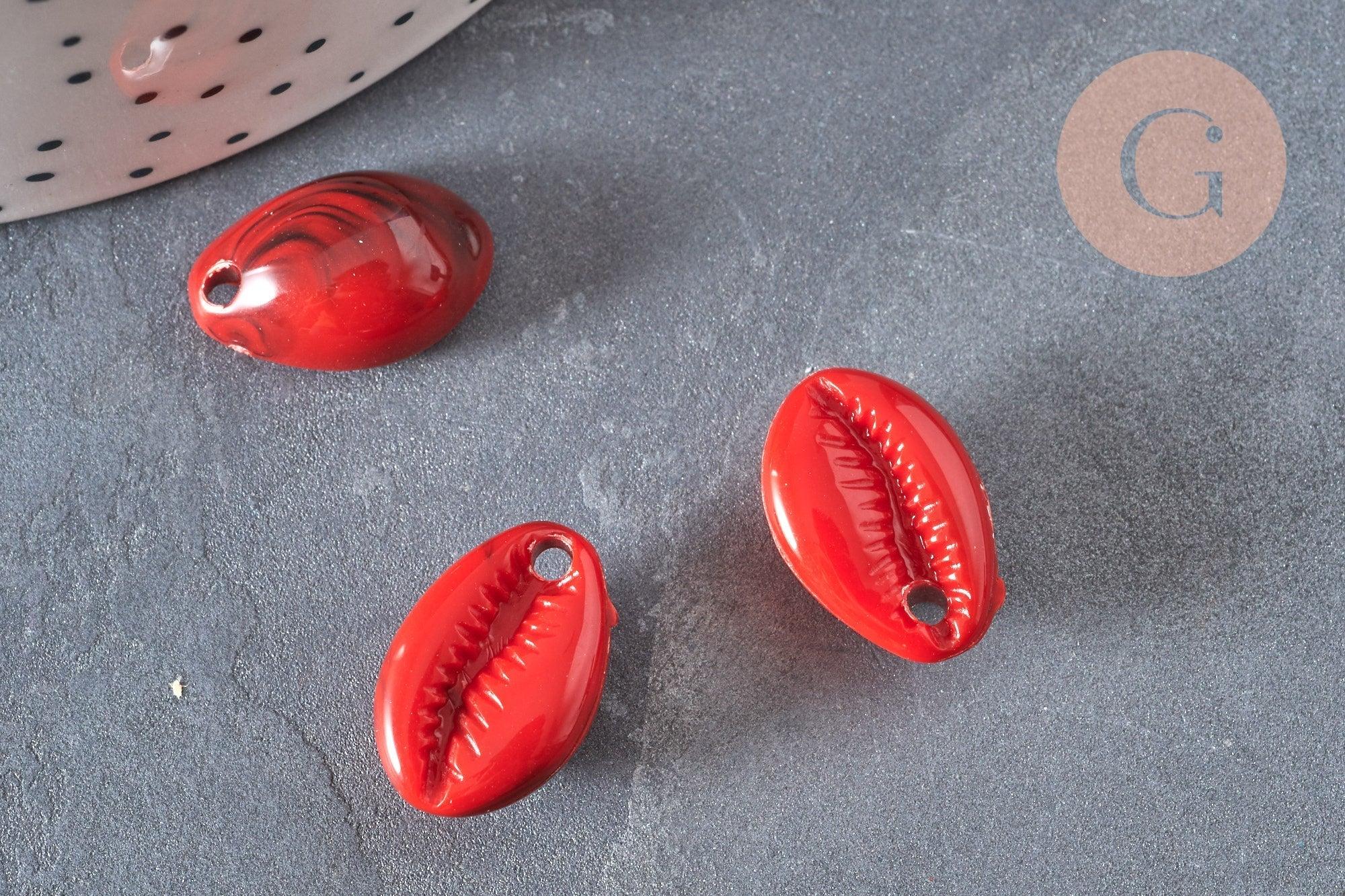 Pendentif coquillage cauri acrylique rouge marbré 19mm, x10 (G1718)