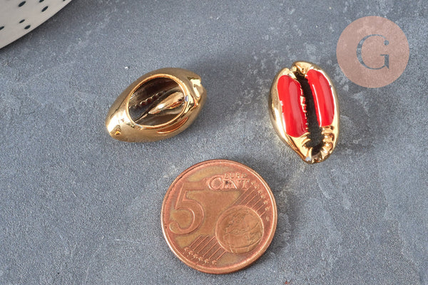 Pendentif coquillage cauri doré resine rouge 19mm,coquillage nature pour création bijoux, x5 (G1303)