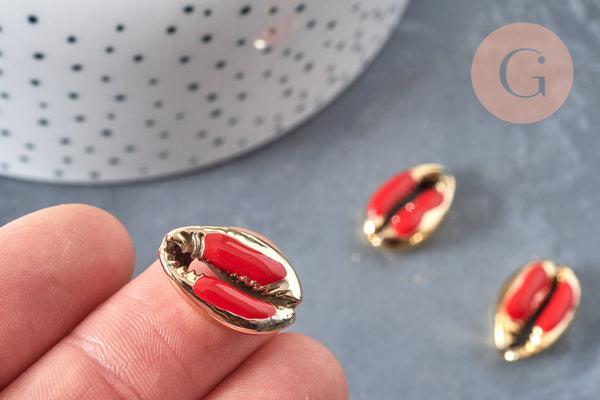 Pendentif coquillage cauri doré resine rouge 19mm,coquillage nature pour création bijoux, x5 (G1303)