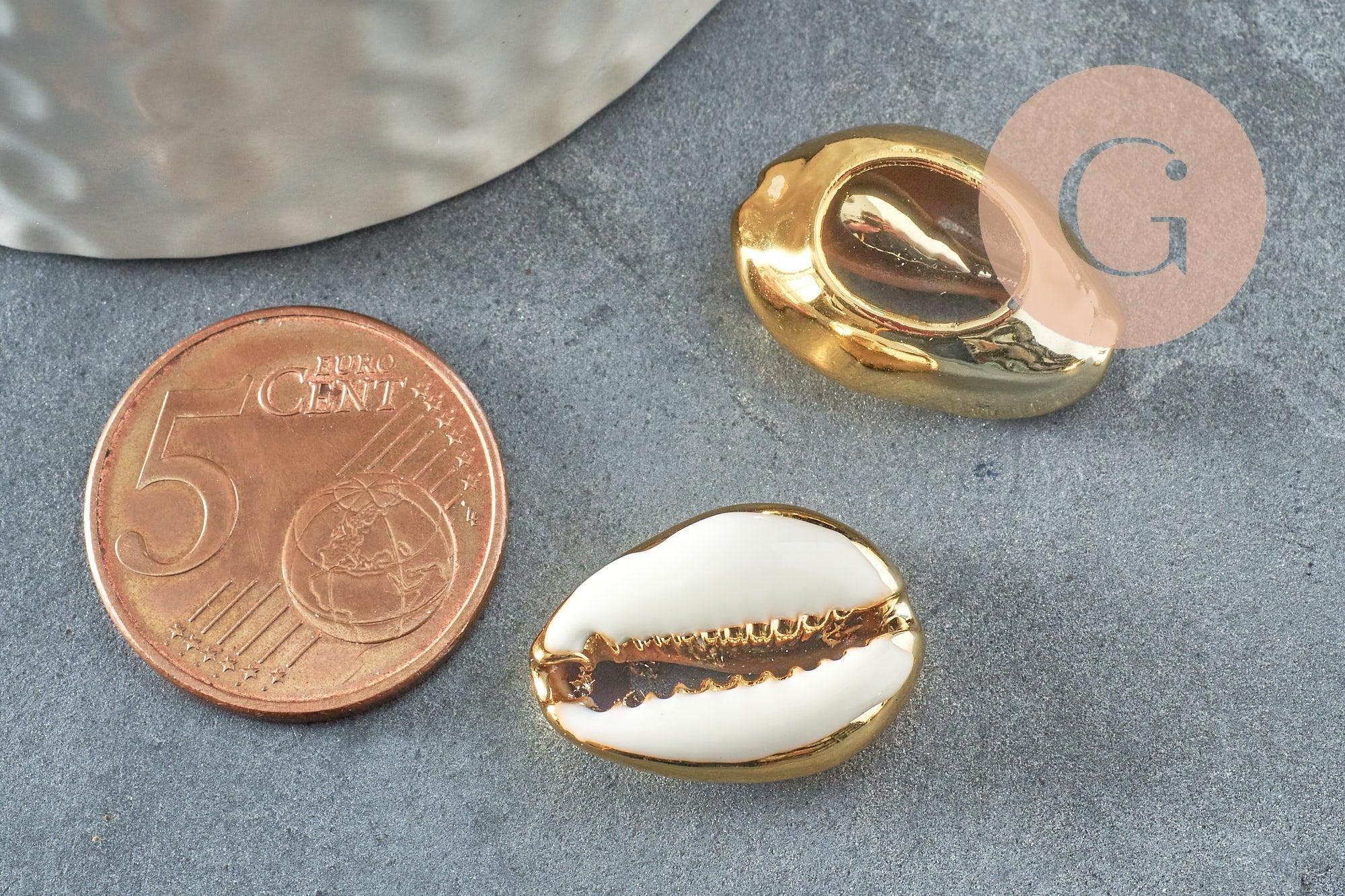 Pendentif coquillage cauri naturel doré resine blanche 19mm,création bijoux coquillage x5 (G0369)