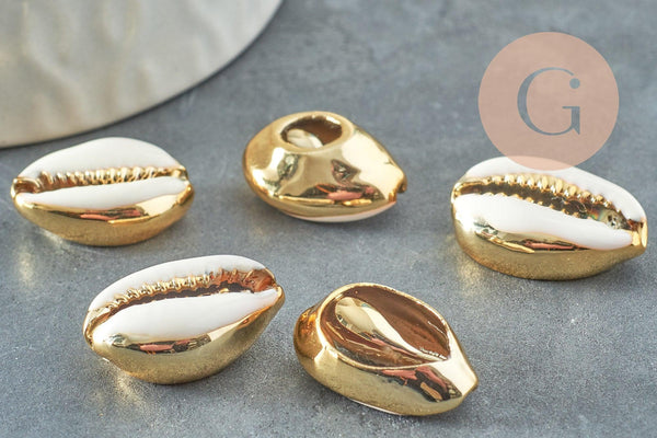 Pendentif coquillage cauri naturel doré resine blanche 19mm,création bijoux coquillage x5 (G0369)