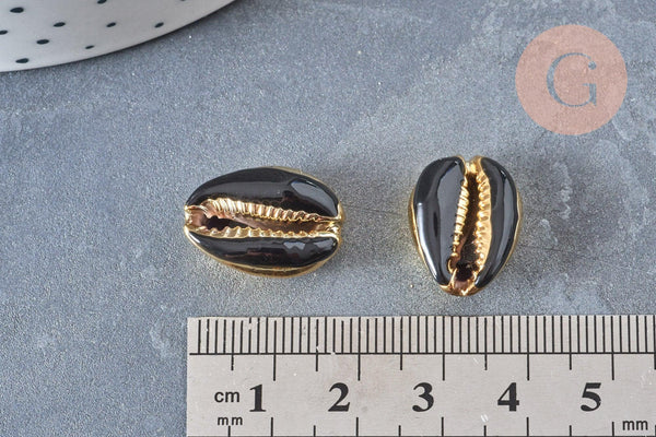 Pendentif coquillage cauri naturel doré resine noire 19mm, x5 (G0892)