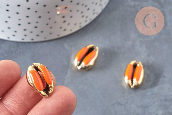 Pendentif coquillage cauri naturel doré resine orange19mm, x5 (G4406)