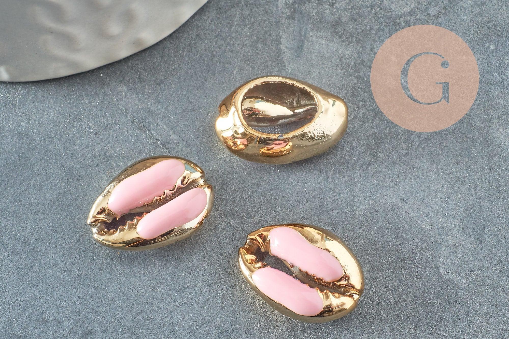 Pendentif coquillage cauri naturel doré resine rose 19mm, x5 (G1230)