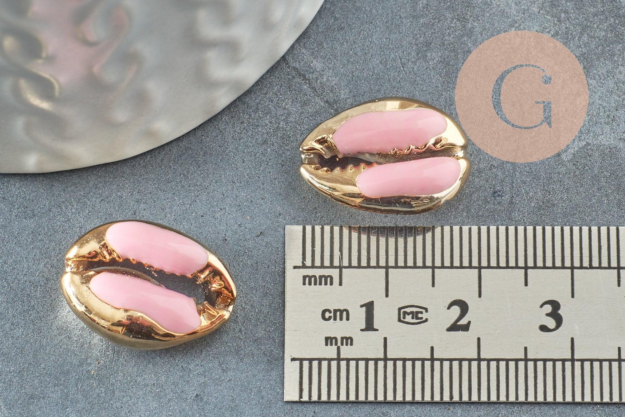 Pendentif coquillage cauri naturel doré resine rose 19mm, x5 (G1230)